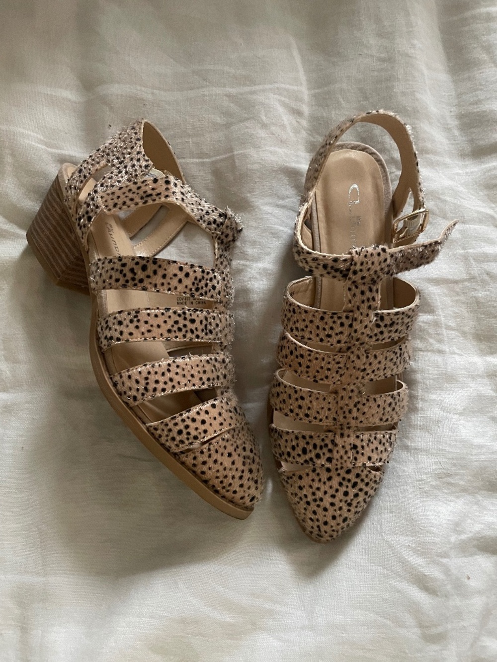 Chinese Laundry strappy faux fur animal print sandal with stacked heel